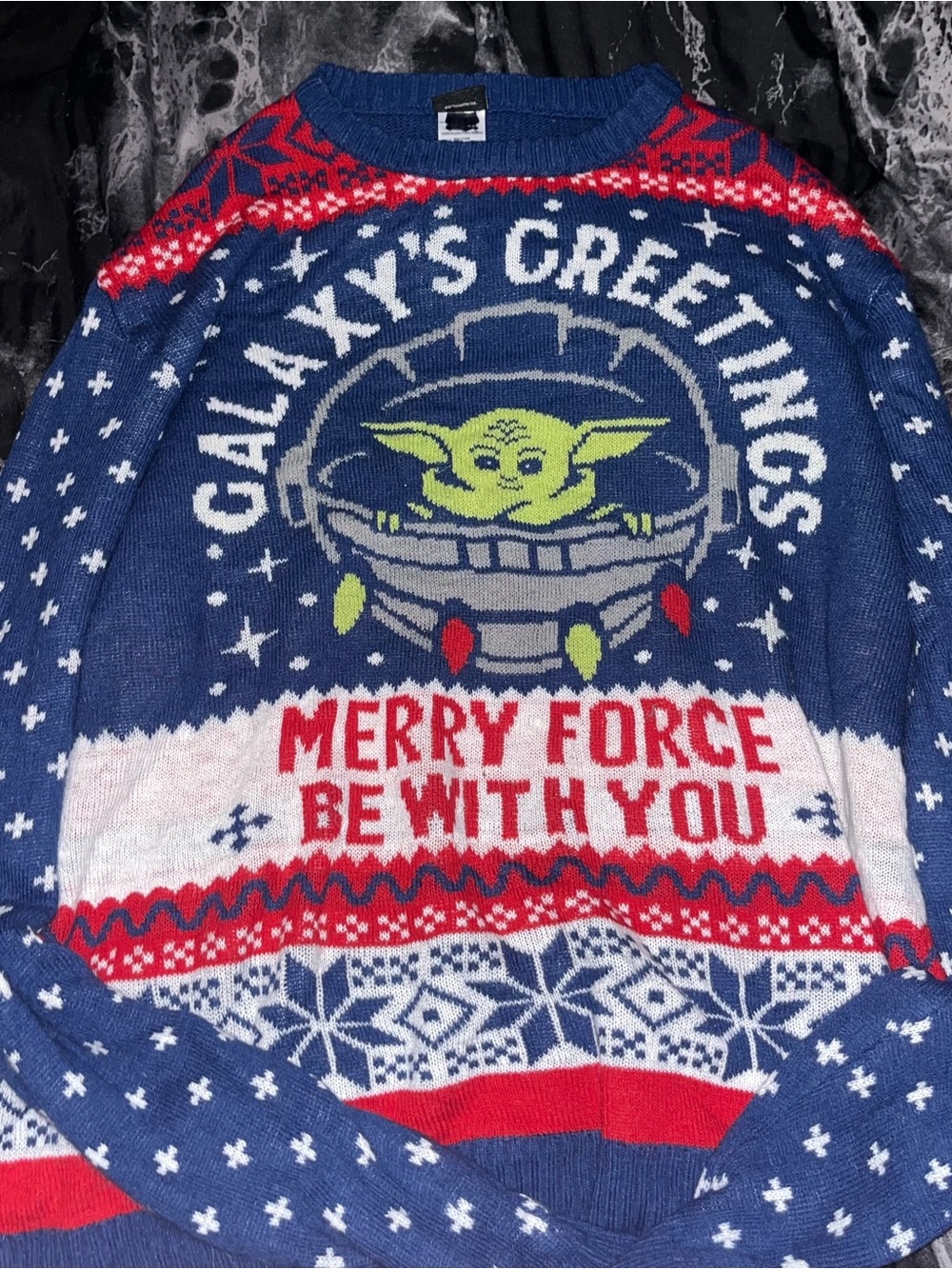 Galaxy's Greetings Baby Yoda Holiday Sweater - Blue & Red size 2x